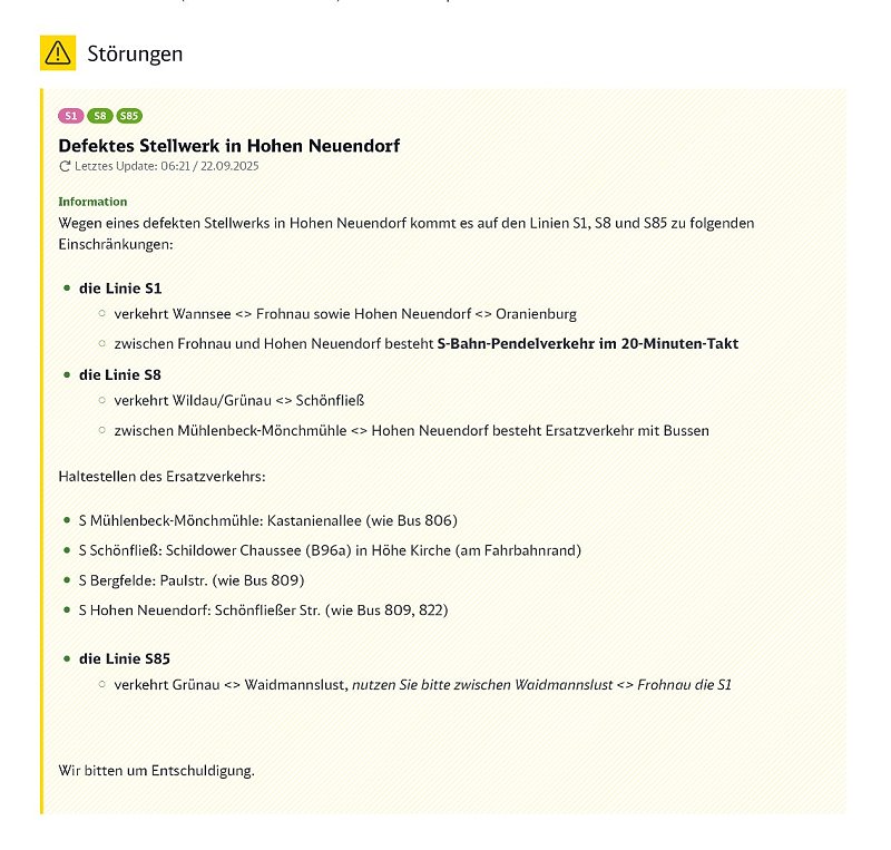 Meldungen auf der Homepage der S-Bahn Berlin GmbH (Screenshots)